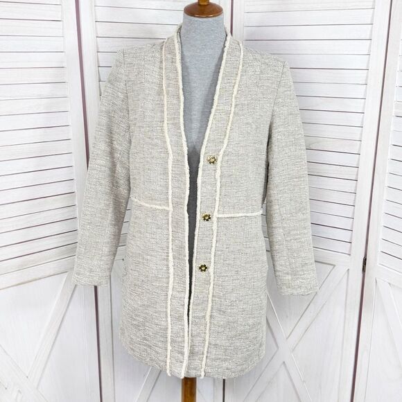 H&M Fringed Tweed Long Line Blazer Jacket Tan 10 - Picture 2 of 16